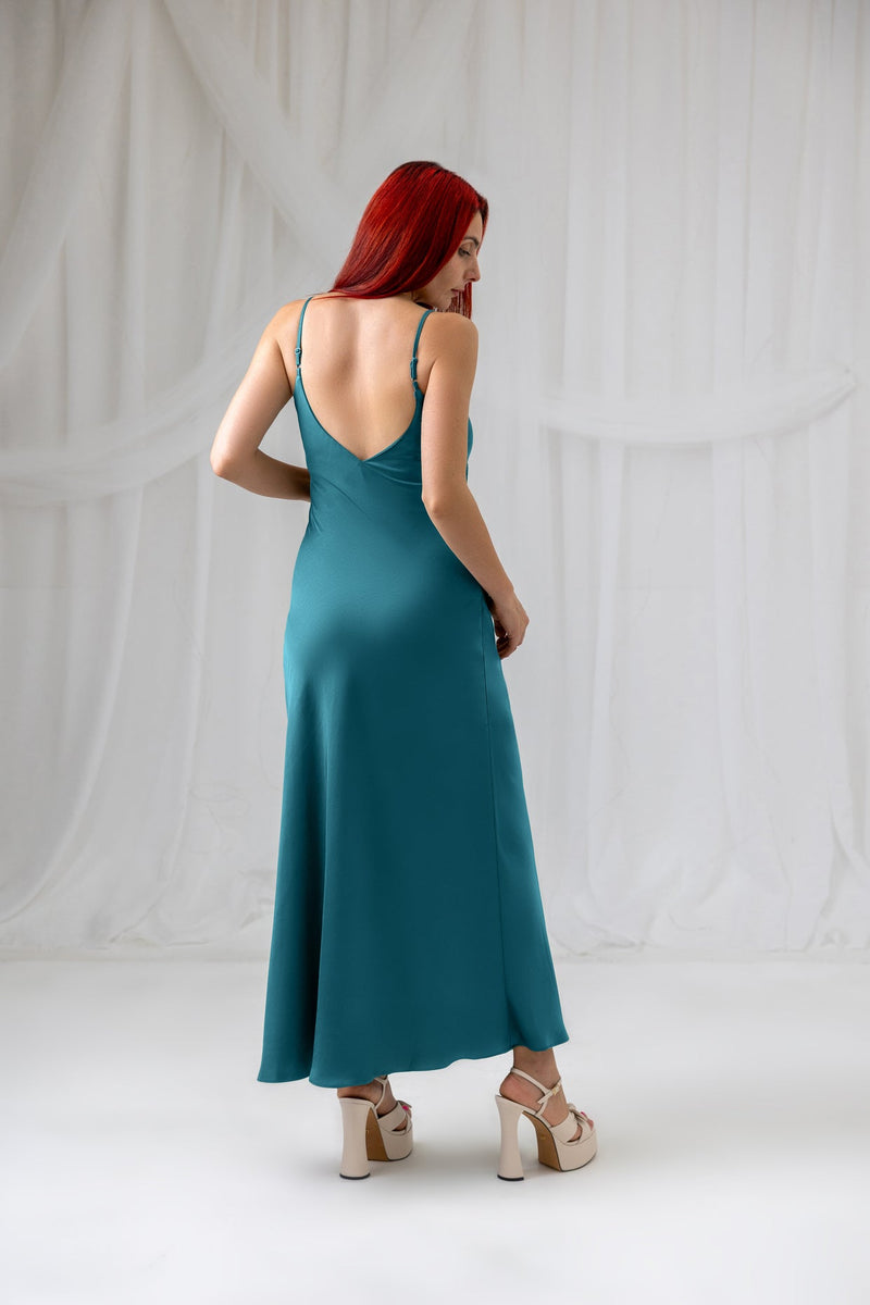Back view of the House of Lluvie' teal satin slip dress