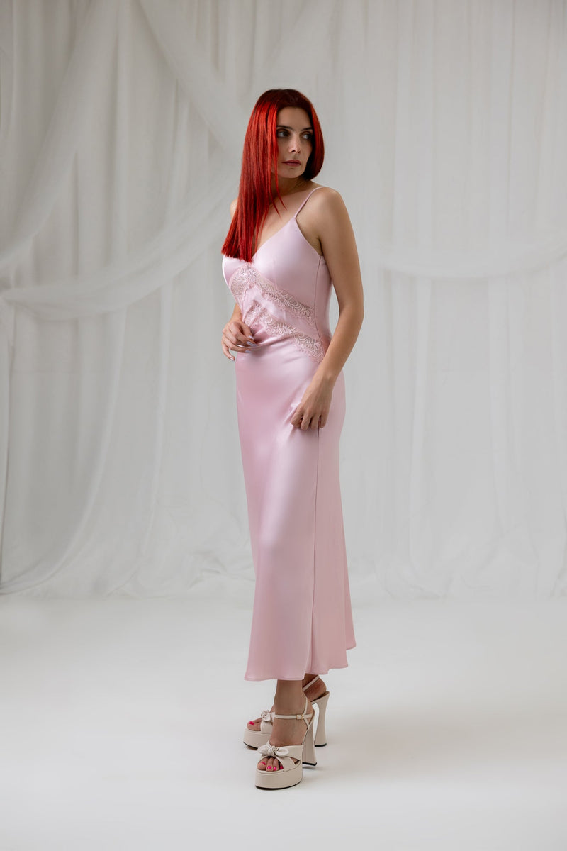 Model wearing the House of Lluvie' Pink Lace Whisper satin dress, full-length front view