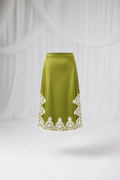House of Lluvie' green satin midi skirt with lace trim front