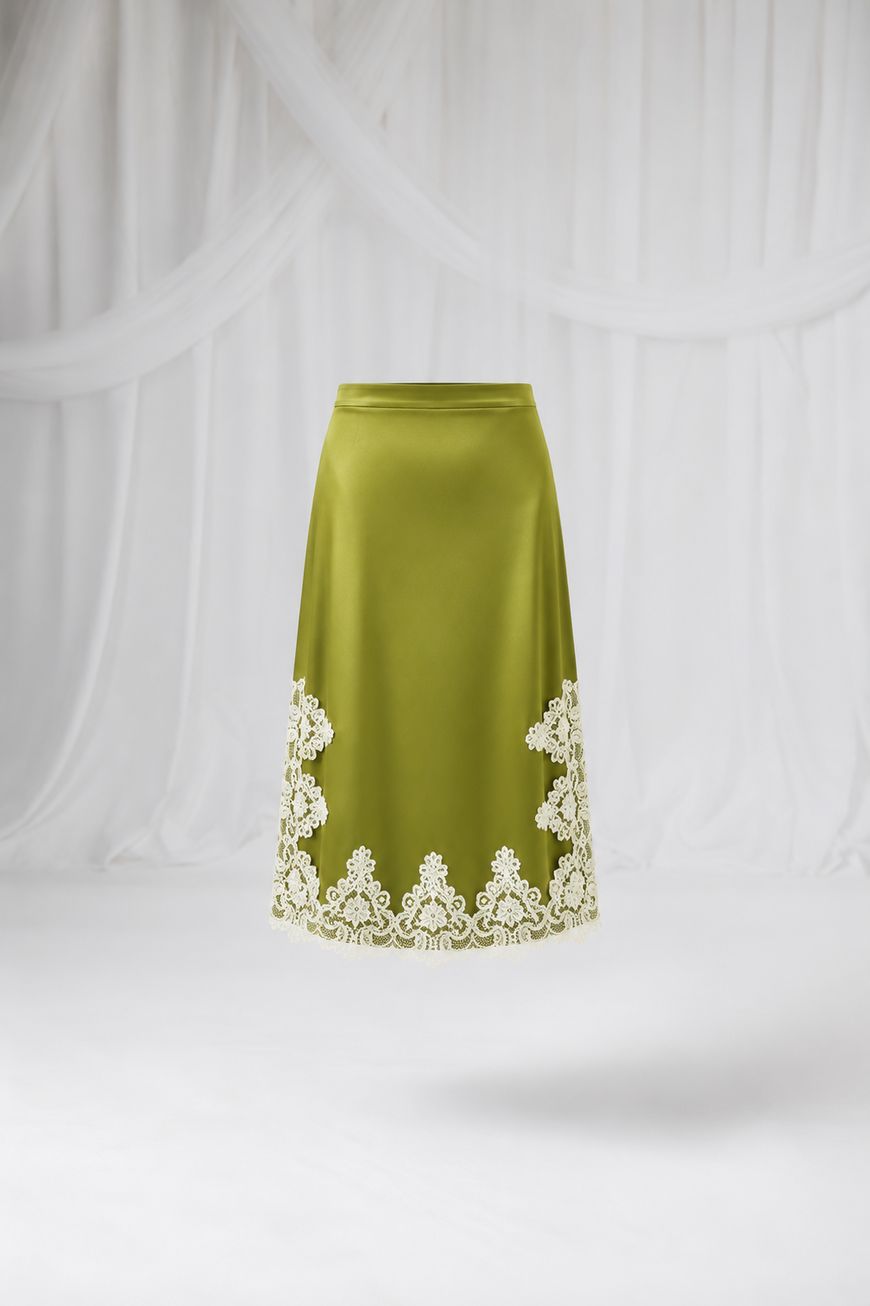 House of Lluvie' green satin midi skirt with lace trim front