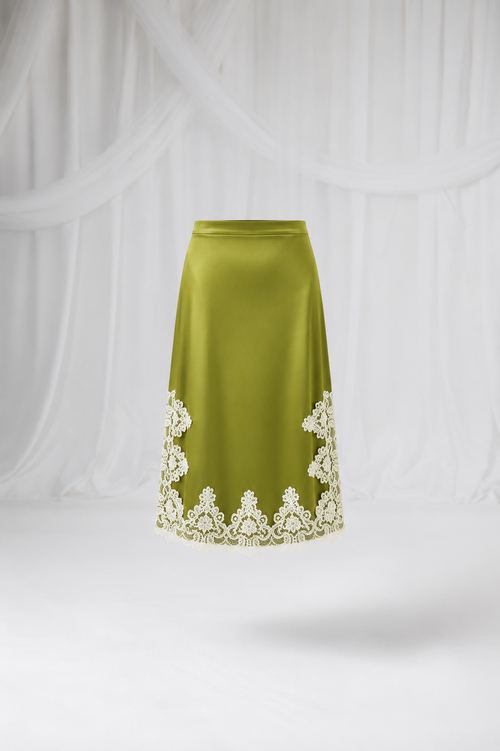 House of Lluvie' green satin midi skirt with lace trim front