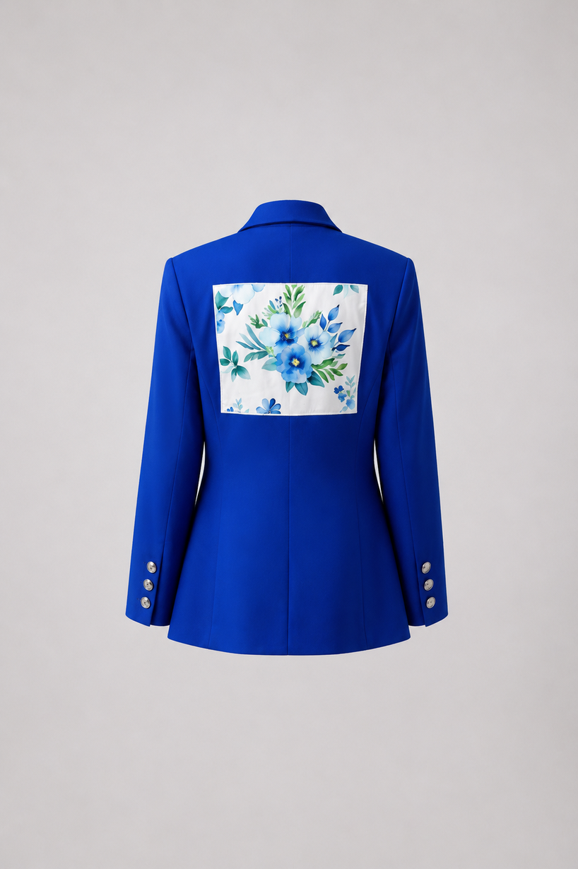 Blue Garden Back Blazer in royal blue with tailored silhouette and floral details, back view