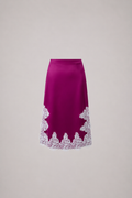 Burgundy Lace Whisper Satin Skirt with delicate lace trim, front view