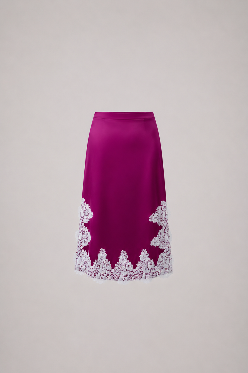 Burgundy Lace Whisper Satin Skirt with delicate lace trim, front view