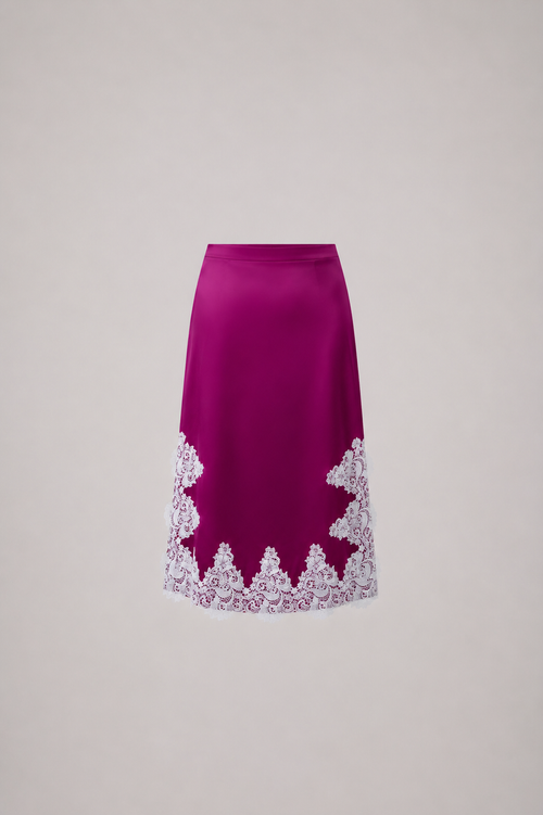 Burgundy Lace Whisper Satin Skirt with delicate lace trim, front view
