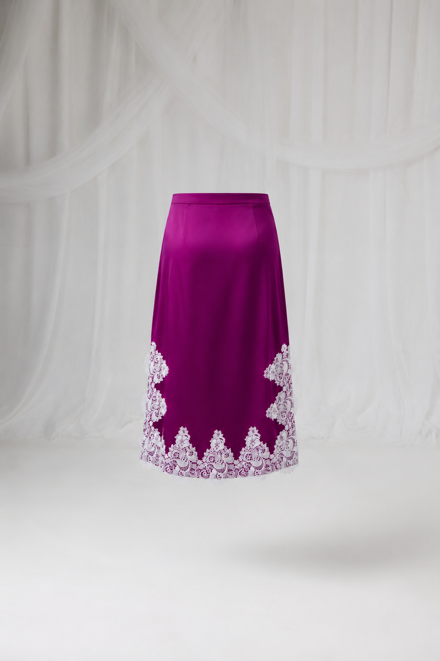Burgundy Lace Whisper Satin Skirt with delicate lace trim, back view