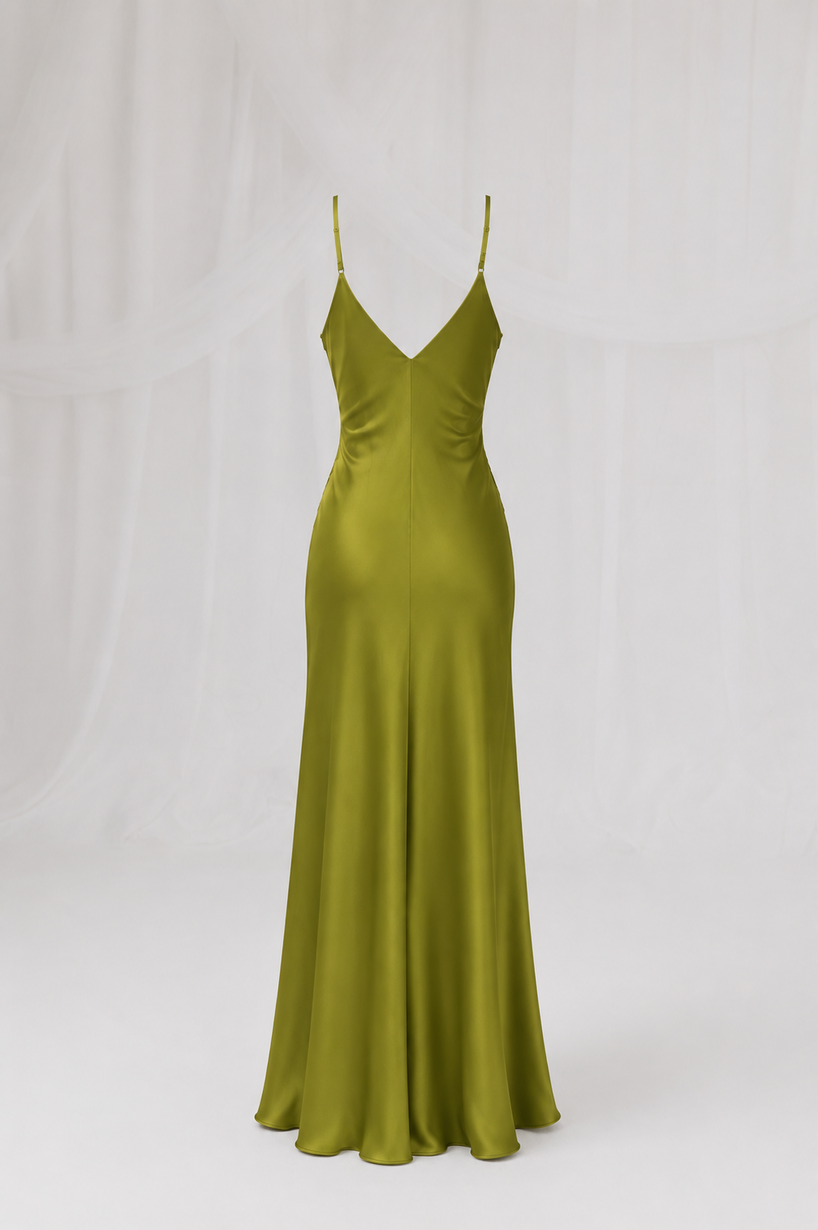 Emerald Whisper Lace Maxi Dress in emerald green with lace detailing, back view.