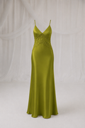 Emerald Whisper Lace Maxi Dress in emerald green with lace detailing, front view