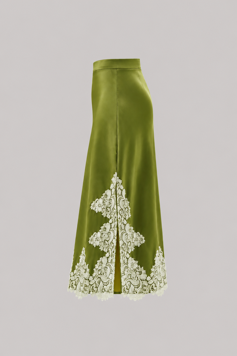 House of Lluvie' green satin midi skirt with lace trim side