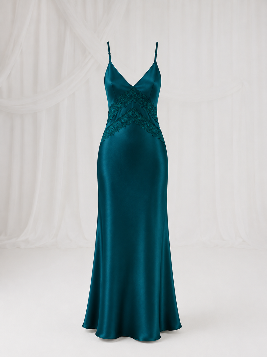 Ocean Whisper Lace Maxi Dress in teal with lace detailing, front view