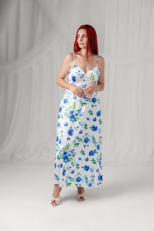 Model wearing the House of Lluvie' Azure Bloom floral lace maxi dress, front view